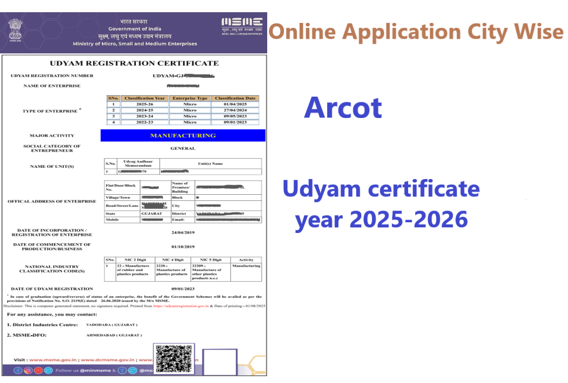 Arcot  Udyam Certificate Year 2025-2026